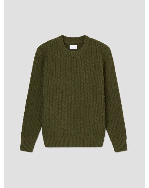 Pull col rond en maille torsadée vert olive