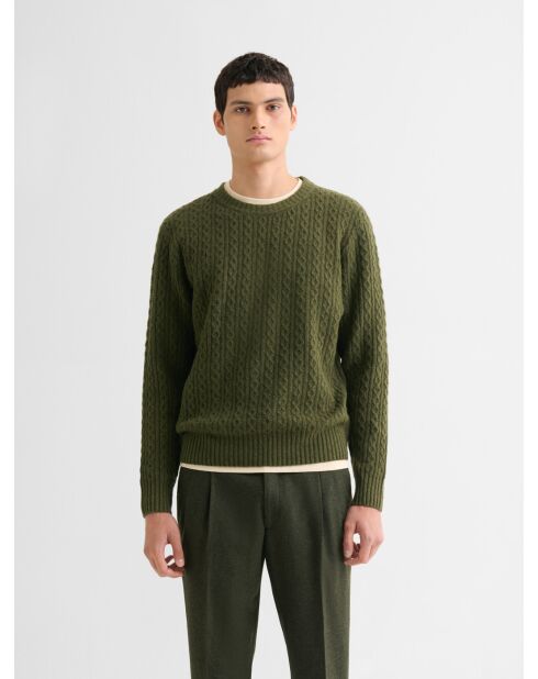 Pull col rond en maille torsadée vert olive