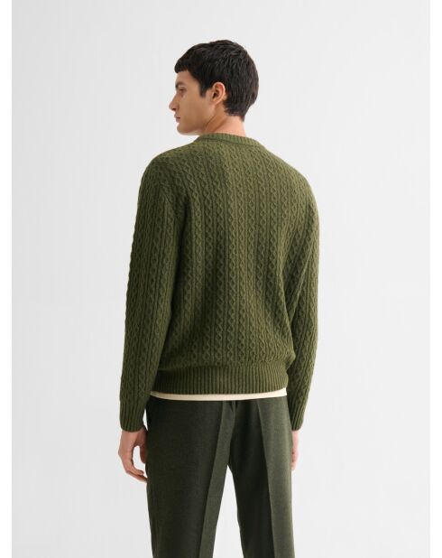 Pull col rond en maille torsadée vert olive