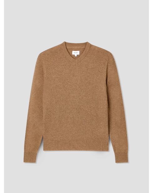 Jersey con cuello en V efecto damero camel 2