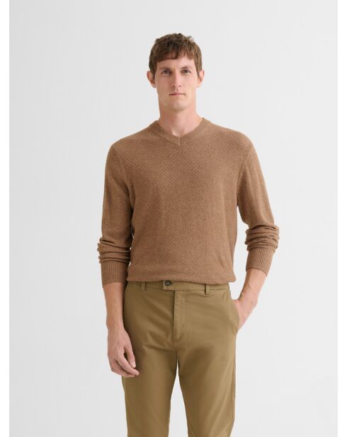 Jersey con cuello en V efecto damero camel 2