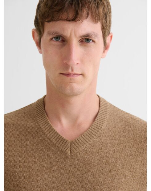 Jersey con cuello en V efecto damero camel 2