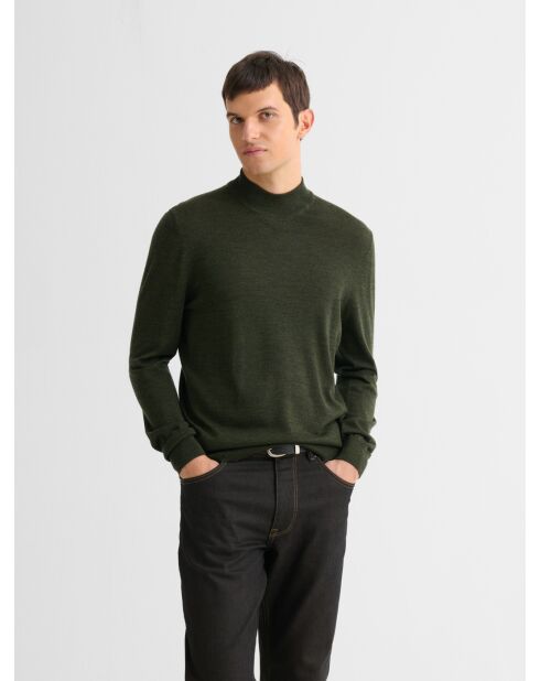 Dunkelkhakifarbener Pullover mit Trichterausschnitt aus Merinowolle