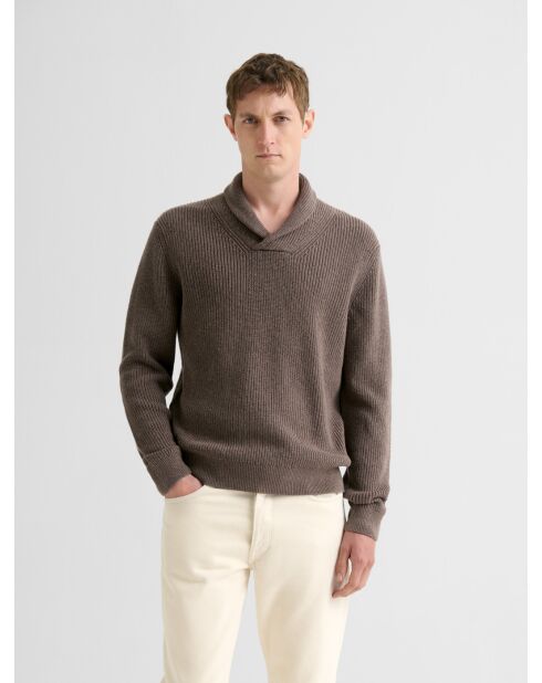 Taupefarbener Pullover aus Baumwolle mit Schalkragen 2