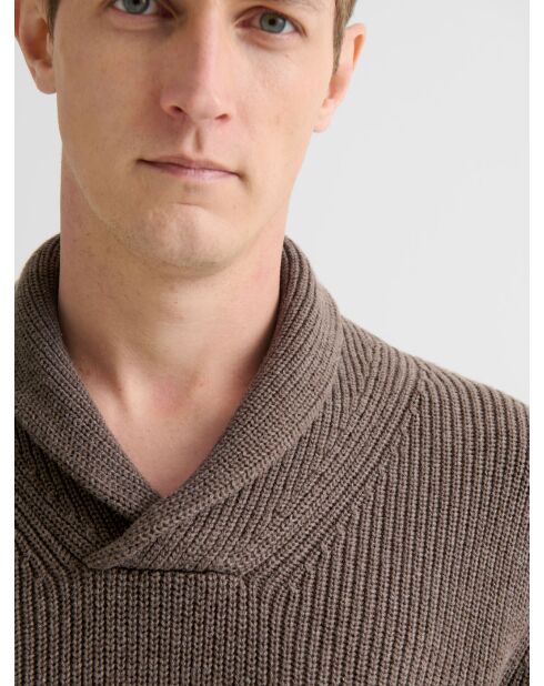 Taupefarbener Pullover aus Baumwolle mit Schalkragen 2