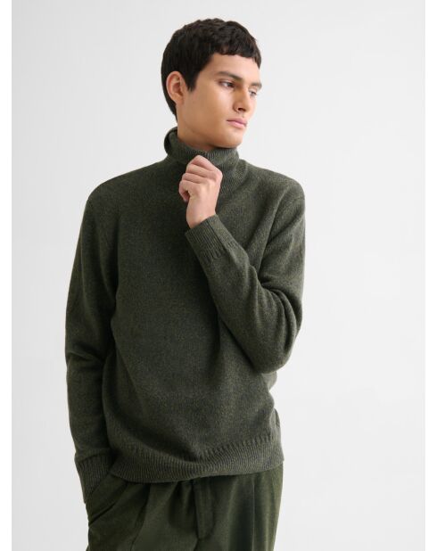 Piniengrün melierter Rollkragenpullover aus Jersey