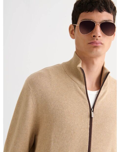 Cardigan zippé en coton biologique beige sable