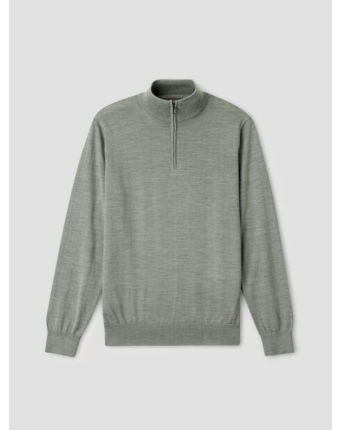 Bronzegrüner Pullover aus Merinowolle mit Reißverschluss und Trichterausschnitt