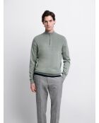 Bronzegrüner Pullover aus Merinowolle mit Reißverschluss und Trichterausschnitt