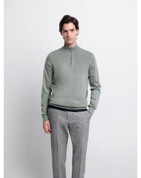 Bronzegrüner Pullover aus Merinowolle mit Reißverschluss und Trichterausschnitt