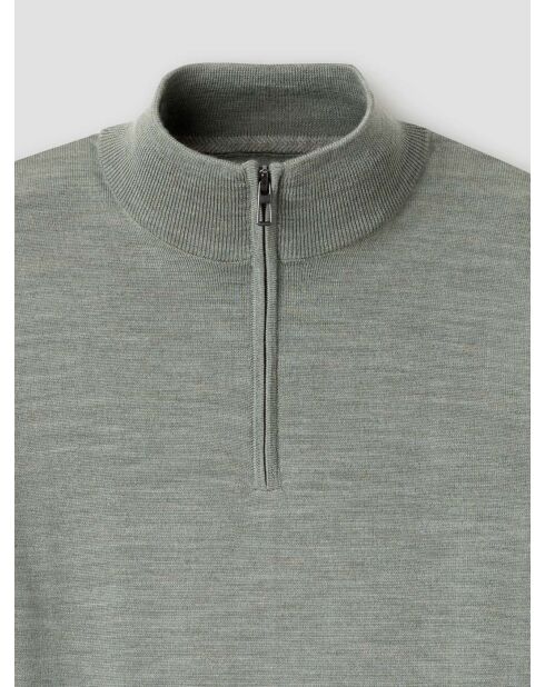 Bronzegrüner Pullover aus Merinowolle mit Reißverschluss und Trichterausschnitt