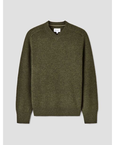 Dunkelkhakifarbener Pullover mit V-Ausschnitt aus Wollmischung