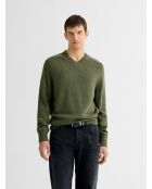 Dunkelkhakifarbener Pullover mit V-Ausschnitt aus Wollmischung