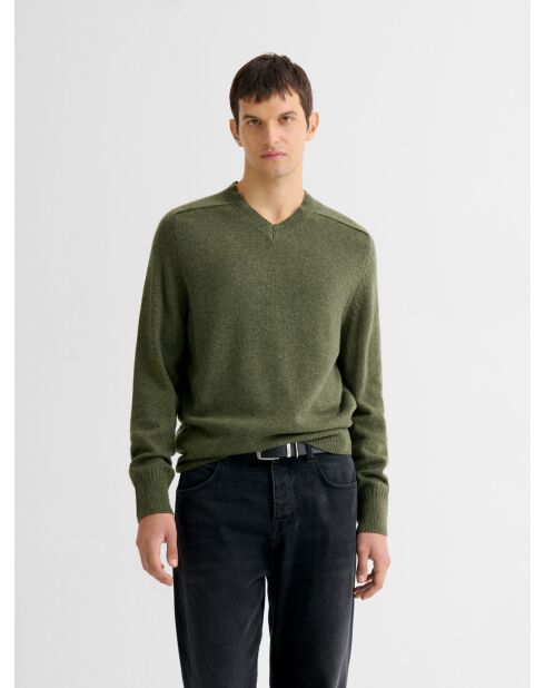 Dunkelkhakifarbener Pullover mit V-Ausschnitt aus Wollmischung