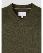 Dunkelkhakifarbener Pullover mit V-Ausschnitt aus Wollmischung