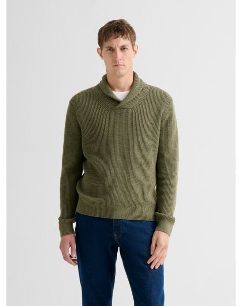 Grüner Pullover aus Kaschmir-Baumwolle mit Schalkragen 2