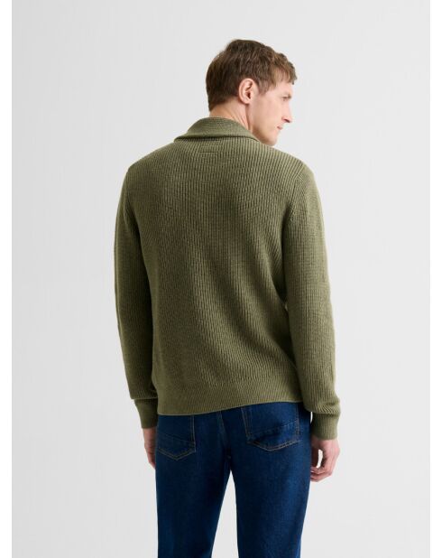 Grüner Pullover aus Kaschmir-Baumwolle mit Schalkragen 2
