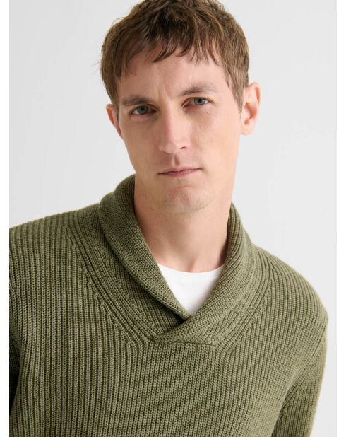 Grüner Pullover aus Kaschmir-Baumwolle mit Schalkragen 2