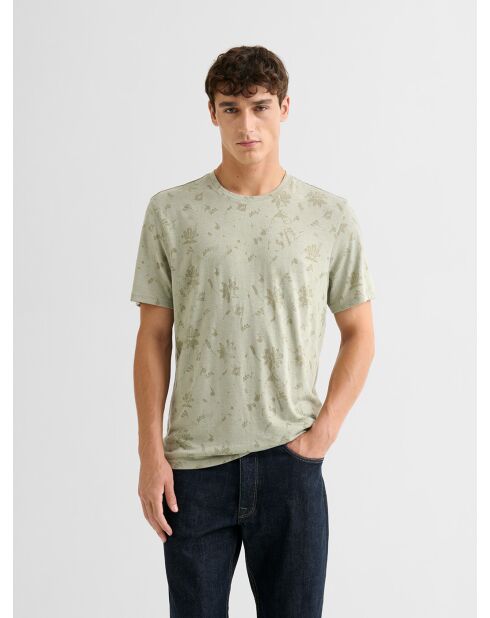T-shirt col rond fleuri vert amande 2