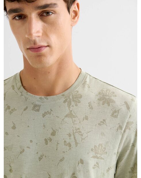 T-shirt col rond fleuri vert amande 2