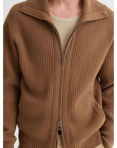 Cardigan zippé en laine certifiée noisette