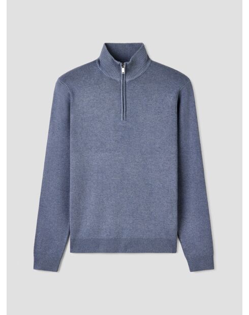 Blaugrauer Pullover mit Trichterausschnitt und Reißverschluss
