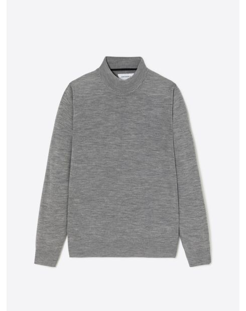 Pull col cheminée en laine Mérinos gris chiné clair