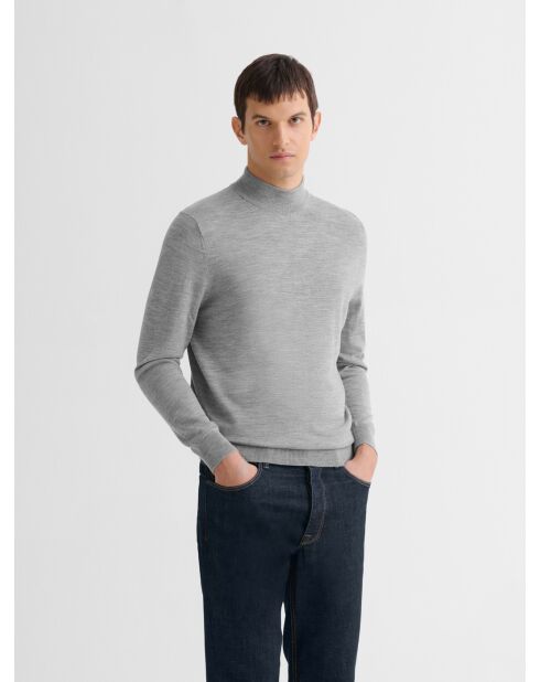 Pull col cheminée en laine Mérinos gris chiné clair