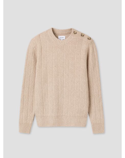 Ecrufarbener Pullover mit Rundhalsausschnitt mit Zopfmuster 2
