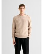 Ecrufarbener Pullover mit Rundhalsausschnitt mit Zopfmuster 2