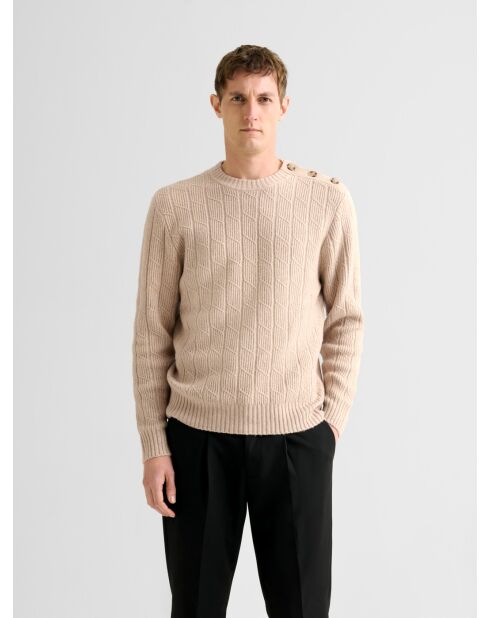 Ecrufarbener Pullover mit Rundhalsausschnitt mit Zopfmuster 2