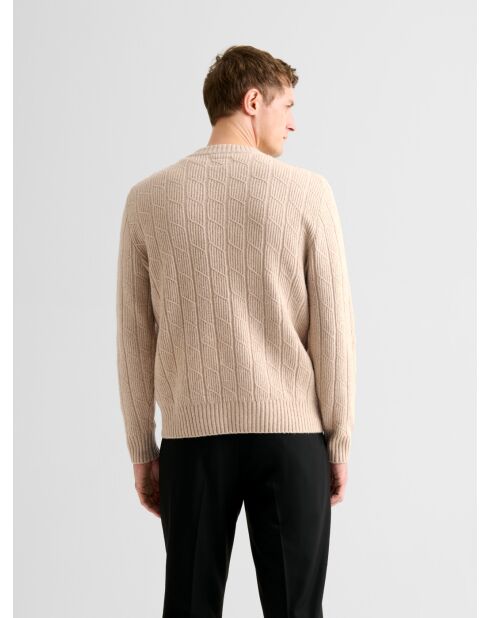 Ecrufarbener Pullover mit Rundhalsausschnitt mit Zopfmuster 2