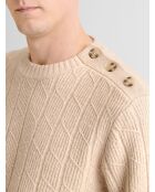 Ecrufarbener Pullover mit Rundhalsausschnitt mit Zopfmuster 2