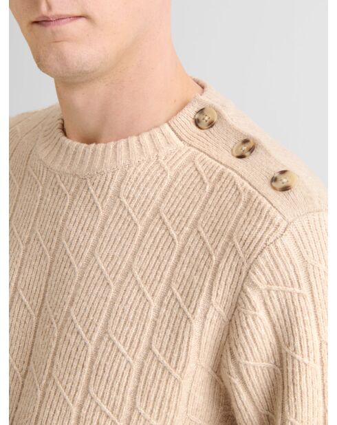 Ecrufarbener Pullover mit Rundhalsausschnitt mit Zopfmuster 2