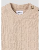 Ecrufarbener Pullover mit Rundhalsausschnitt mit Zopfmuster 2