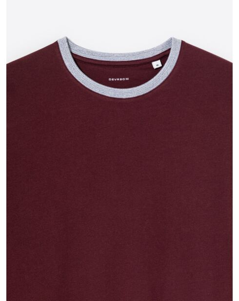 T-shirt col rond contrasté en coton lie de vin