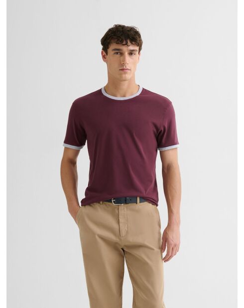 T-shirt col rond contrasté en coton lie de vin