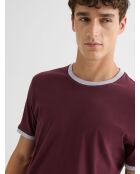 T-shirt col rond contrasté en coton lie de vin