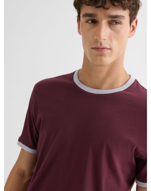 T-shirt col rond contrasté en coton lie de vin