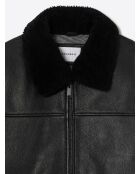 Schwarze Lederjacke mit Sherpa-Kragen