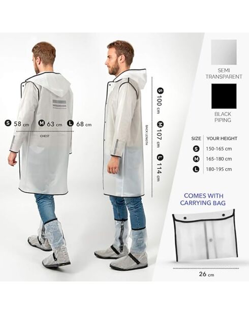 Imperméable Bandes réfléchissantes au dos blanc semi-transparent avec passepoil noir - Taille S (150-165 cm)