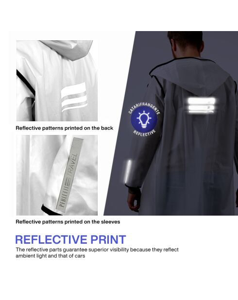 Imperméable Bandes réfléchissantes au dos blanc semi-transparent avec passepoil noir - Taille S (150-165 cm)