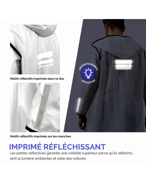 Imperméable Bandes réfléchissantes au dos blanc semi-transparent avec passepoil noir - Taille S (150-165 cm)