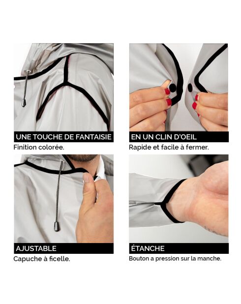 Imperméable Bandes réfléchissantes au dos blanc semi-transparent avec passepoil noir - Taille S (150-165 cm)