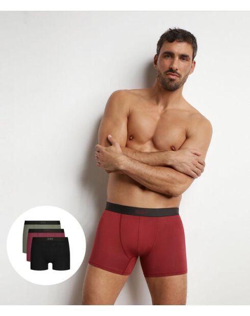 3 Boxers Pur Confort lot noir/kaki/rouge grenat