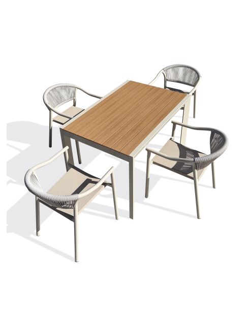Ensemble repas d'une table de jardin Tonga en aluminium et plateau polywood aspect bois et 4 fauteuils Sumba grège - 5 pièces