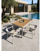 Ensemble repas d'une table de jardin Tonga en aluminium et plateau polywood aspect bois et 4 fauteuils Sumba grège - 5 pièces