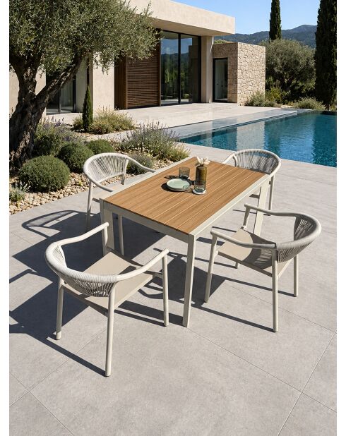 Ensemble repas d'une table de jardin Tonga en aluminium et plateau polywood aspect bois et 4 fauteuils Sumba grège - 5 pièces