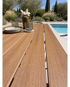 Ensemble repas d'une table de jardin Tonga en aluminium et plateau polywood aspect bois et 4 fauteuils Sumba grège - 5 pièces
