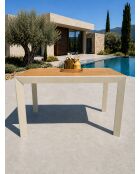 Ensemble repas d'une table de jardin Tonga en aluminium et plateau polywood aspect bois et 4 fauteuils Sumba grège - 5 pièces